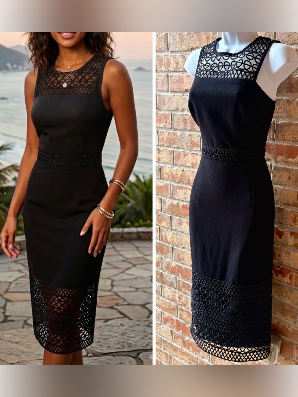 Shoshanna Black Sleeveless Lace-Detail Midi Dress size 6